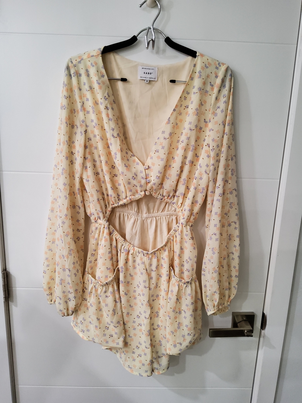 Sabo Dhrarma Playsuit Pale Yellow Floral Cutout Long Sleeve Romper